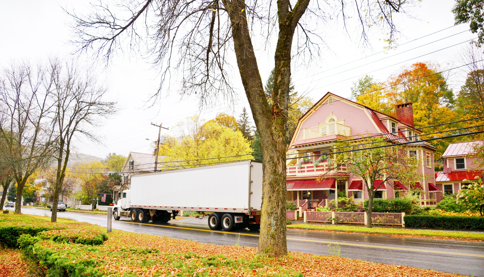 Truck driving in small town, Vermont.